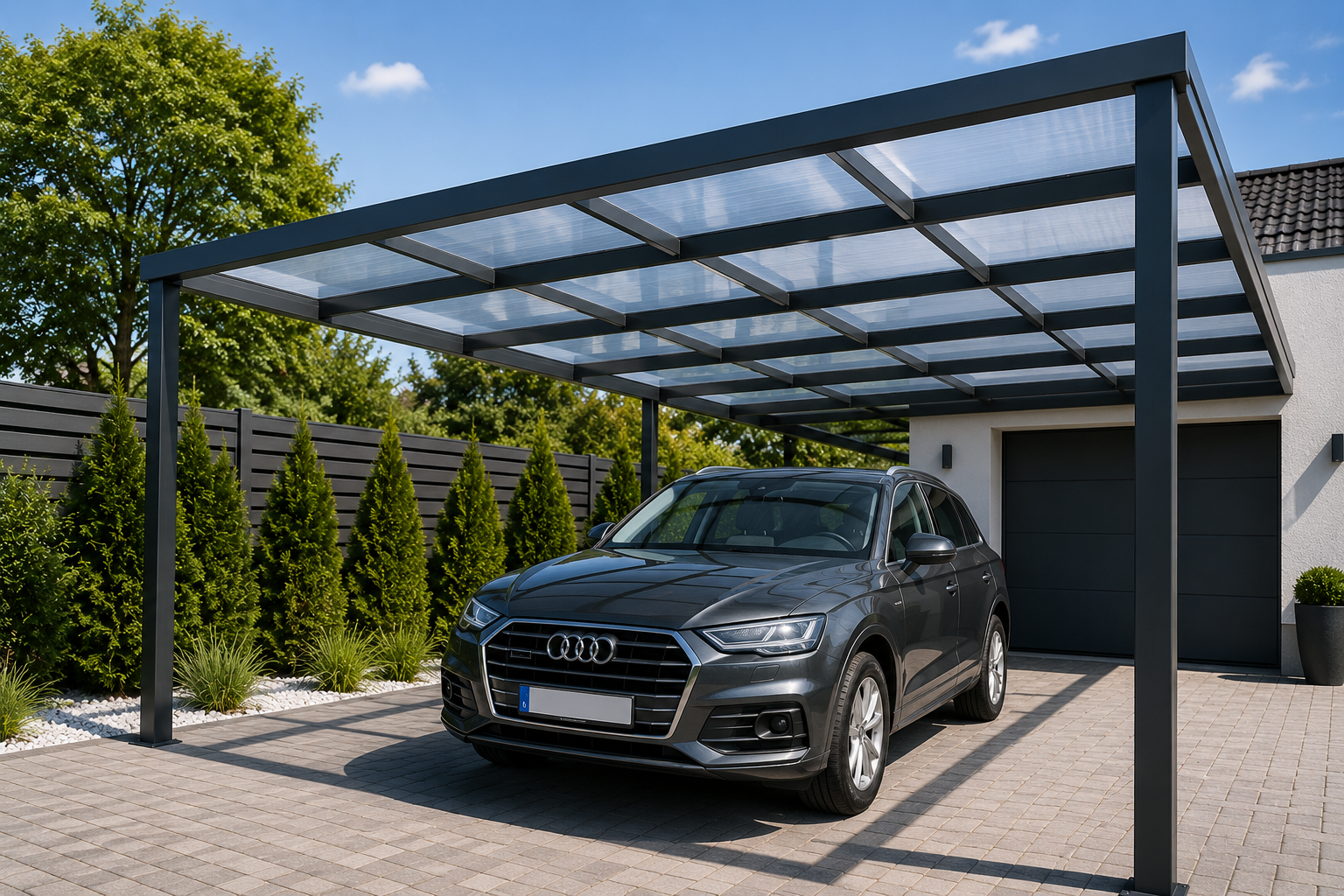 Moderni carport s polikarbonatnim krovom Moderna aluminijska nadstrešnica s prozirnim polikarbonatnim krovom ispred obiteljske kuće